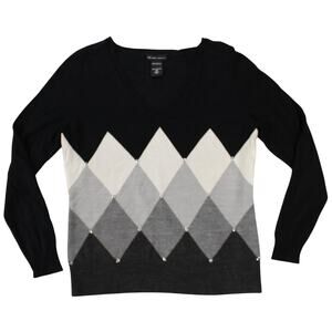 New York & Company Argyle Sweater M Black Gray Diamond Beaded Pullover